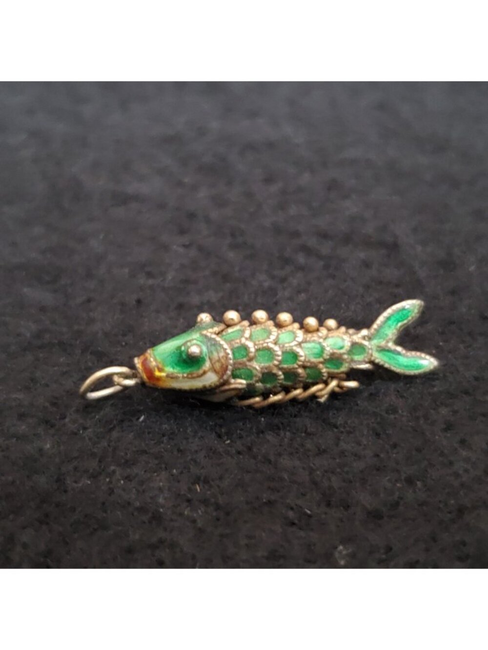 Vintage Fish Pendant Charm Articulated Green Enamel 1"
